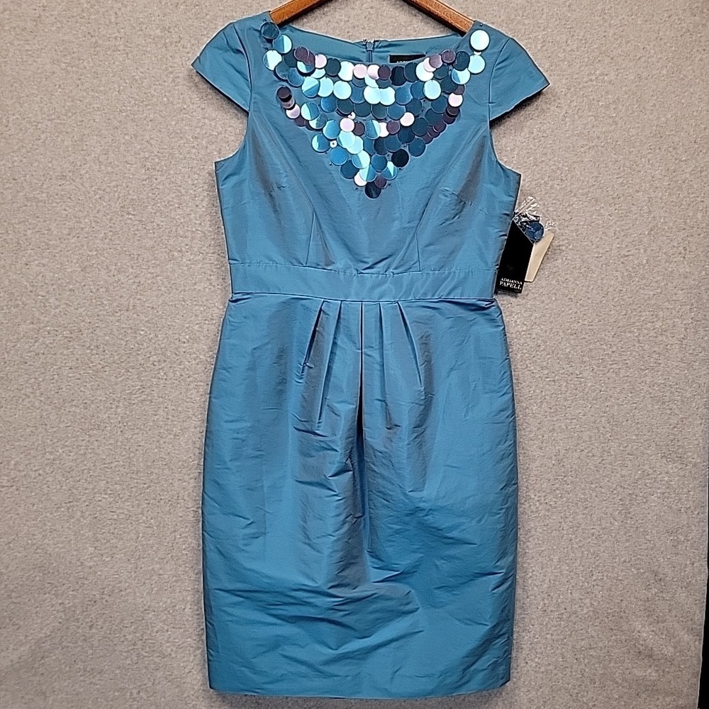 Adrianna Papell Cocktail Sheath Dress Blue Sequins Beads Taffeta Size 6 NWT READ